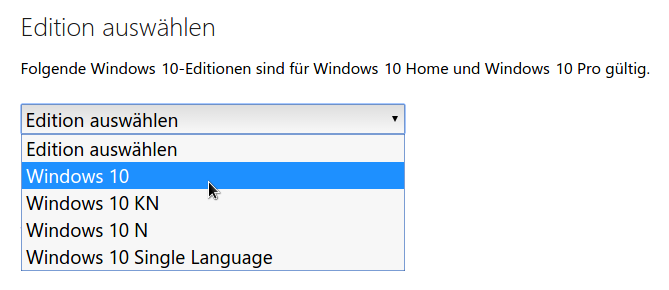 Windows 10: Version wählen