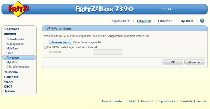 Importieren der neuen konfigurationsdatei in die Fritz box