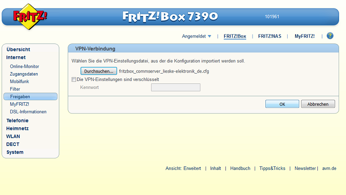 Import der neuen Konfigurationsdatei in die Fritz Box