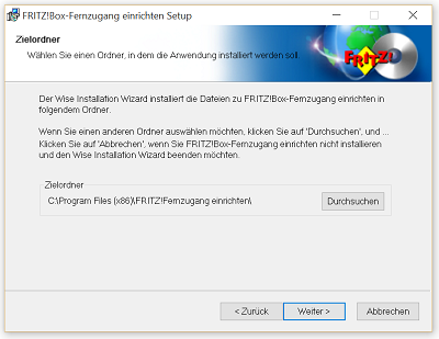 Zielordner Wahl Fritzuser Installationsprogramm
