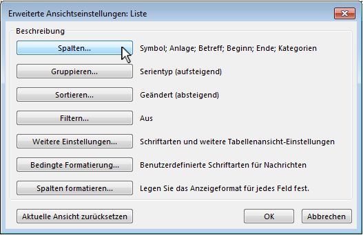 Auswahl Spalteneinstellungen