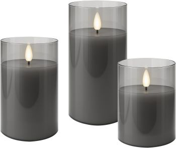 Goobay 3er-Set LED-Echtwachs-Kerzen im Glas, grau-transpa
