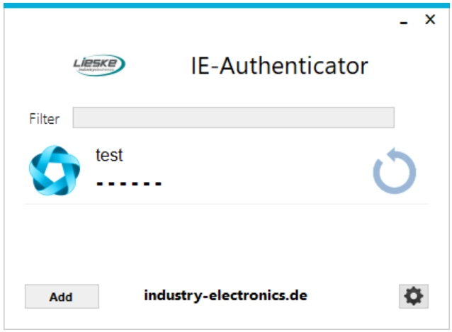 IE-Authenticator – Programmoberfläche mit Filterfeld und zeitbasiertem Code