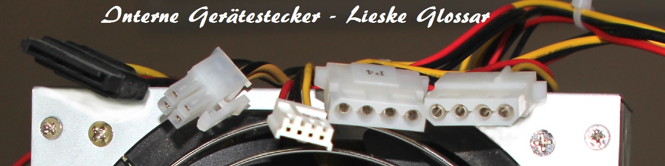&Uuml;bersicht der internen PC-Stromstecker: ATX 24-Pin, Molex 4-Pin, S-ATA Power und PCIe nebeneinander